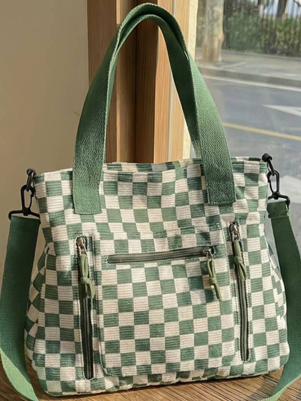 Checkerboard Corduroy Tote Bag Versatile Large Capacity Shoulder Crossbody - Picture 3 of 9